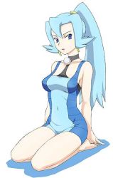 Rule 34 | 00s, 1girl, bare shoulders, barefoot, blue eyes, blue hair, breasts, clair (pokemon), creatures (company), earrings, female focus, game freak, gym leader, high ponytail, jewelry, long hair, lowres, matching hair/eyes, mo-mo, navel, nintendo, pokemon, pokemon hgss, ponytail, seiza, sitting, solo, unitard