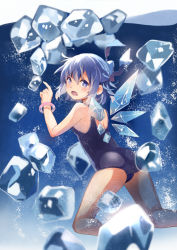 Rule 34 | 1girl, ass, blue eyes, blue hair, bow, bracelet, cirno, hair bow, hika (ozeluk), ice, ice wings, jewelry, looking at viewer, looking back, matching hair/eyes, one-piece swimsuit, open mouth, school swimsuit, solo, swimsuit, touhou, underwater, wings