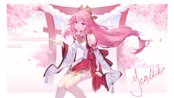 Rule 34 | 1girl, absurdres, animal ears, bare shoulders, character name, cherry blossoms, commentary request, detached sleeves, earrings, floppy ears, fox ears, fox shadow puppet, genshin impact, hand up, highres, japanese clothes, jewelry, knees together feet apart, long hair, looking at viewer, nontraditional miko, panpanmeiyou hp, parted lips, pink hair, purple eyes, red skirt, rope, shide, shimenawa, skirt, smile, tassel, torii, very long hair, white sleeves, wide sleeves, yae miko