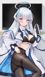 Rule 34 | 1girl, between breasts, black bra, black pantyhose, blue archive, blue necktie, blush, bra, breasts, cleavage, collared shirt, grey hair, halo, highres, jacket, large breasts, long hair, long sleeves, looking at viewer, matrix16, necktie, necktie between breasts, noa (blue archive), off shoulder, open clothes, open jacket, pantyhose, purple eyes, shirt, thighs, underwear, white jacket, white shirt