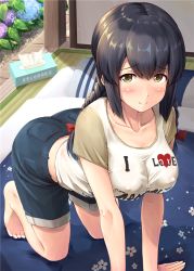 Rule 34 | 10s, 1girl, all fours, alternate breast size, alternate costume, arched back, ass, barefoot, black hair, blouse, blush, braid, breast press, breasts, casual, clothes writing, collarbone, covered erect nipples, day, denim, denim shorts, embarrassed, english text, flower, from above, full body, futon, hair between eyes, hydrangea, ichikawa feesu, indoors, isonami (kancolle), kantai collection, large breasts, long hair, looking at viewer, midriff peek, multicolored shirt, open door, parted bangs, pocket, shirt, short sleeves, shorts, sliding doors, smile, solo, twin braids, white shirt, wooden floor, yellow eyes