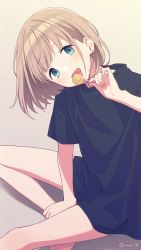 Rule 34 | 1girl, agata (agatha), bad id, bad pixiv id, bare legs, barefoot, black shirt, blue eyes, brown background, candy, commentary request, earrings, food, head tilt, highres, idolmaster, jewelry, light brown hair, lollipop, looking at viewer, open mouth, oversized clothes, serizawa asahi, shirt, short hair, short sleeves, sitting, solo, t-shirt