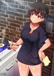 Rule 34 | 1girl, black hair, black shirt, blush, bread slice, breasts, brown eyes, cleavage, closed mouth, food, fried egg, frying pan, girls und panzer, highres, medium breasts, megadeko, nakajima (girls und panzer), shirt, short hair, solo, toast