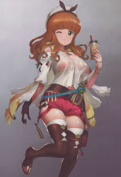 Rule 34 | 1girl, a1 (initial-g), absurdres, atelier (series), atelier ryza, atelier ryza 1, belt, black gloves, blush, breasts, brown eyes, brown hair, brown thighhighs, bubble tea, closed mouth, cosplay, drink, explosive, girls und panzer, gloves, grenade, grey background, hat, highres, jewelry, large breasts, looking at viewer, navel, necklace, nipples, no bra, one eye closed, reisalin stout, reisalin stout (cosplay), see-through, shiny skin, shirt, shorts, simple background, smile, solo, standing, star (symbol), star necklace, takebe saori, thighhighs, white shirt