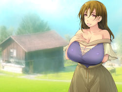 Rule 34 | 1girl, animal, arms behind back, bare shoulders, blonde hair, blurry, blurry background, blush, breasts, collarbone, cowboy shot, day, field, grass, house, huge breasts, long hair, long skirt, looking at viewer, makeikusa no gofujin wa hisan da yo, mole, off shoulder, original, outdoors, parted lips, red eyes, skirt, sky, smile, solo, standing, tree, yoko juusuke