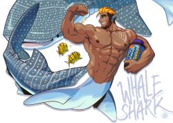 Rule 34 | 1boy, animal, arm up, artist name, bara, beard, blonde hair, body markings, brown eyes, brown hair, chest hair, colored skin, commentary, completely nude, dark-skinned male, dark skin, dorsal fin, english commentary, english text, facial hair, fins, fish, full body, gills, grey skin, grin, hand up, head fins, highres, holding, holding jar, jar, large pectorals, looking at animal, male focus, manly, merman, mondoart, monster boy, multicolored hair, multicolored skin, muscular, muscular male, nude, original, pectorals, pointy ears, shark boy, short hair, simple background, smile, solo, two-tone hair, undercut, very short hair, watermark, whale shark, white background, white skin