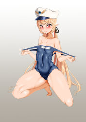 Rule 34 | 1girl, bad id, bad pixiv id, bare shoulders, barefoot, blonde hair, blush, breasts, cameltoe, cleavage, cleft of venus, covered navel, dungeon and fighter, era (erasion), hat, highres, kneeling, long hair, looking at viewer, low twintails, one-piece swimsuit, pointy ears, red eyes, school swimsuit, shiny clothes, shiny skin, smile, solo, swimsuit, thick thighs, thighs, twintails, very long hair