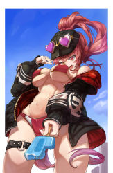 Rule 34 | 1girl, absurdres, baseball cap, bikini, black hat, black jacket, blue sky, breasts, cameltoe, eyewear on head, fang, food, from below, hat, heart, heart-shaped pupils, heterochromia, highres, holding, holding food, hololive, houshou marine, houshou marine (summer), jacket, large breasts, long hair, maskcat, navel, o-ring, o-ring strap, o-ring thigh strap, off shoulder, open clothes, open jacket, pink-tinted eyewear, ponytail, popsicle, red bikini, red eyes, red hair, sky, sleeves past wrists, solo, stomach, swimsuit, symbol-shaped pupils, thigh strap, tinted eyewear, underboob, virtual youtuber, yellow eyes