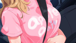 Rule 34 | 1girl, between breasts, blonde hair, breasts, car, car interior, engawa suguru, female focus, from above, hair over shoulder, hand up, head out of frame, highres, large breasts, long hair, motor vehicle, original, pink shirt, roshutsudo no takai hitchhike gal wo..., seatbelt, shirt, sitting, solo, upper body