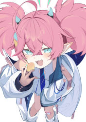 Rule 34 | 1girl, absurdres, ahoge, aqua eyes, bandaid, bandaid on leg, bare shoulders, blue archive, blue necktie, chips (food), clothing cutout, dress, fang, food, highres, horns, jacket, looking at viewer, momoka (blue archive), nail polish, necktie, open clothes, open jacket, pink hair, pointy ears, potato chips, rotroto, sleeveless, sleeveless dress, smug, solo, twintails