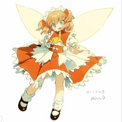 Rule 34 | 1girl, ascot, black footwear, blue eyes, canariadraw, character name, dress, fairy, fairy wings, frilled dress, frills, full body, headdress, highres, orange hair, red dress, shoes, short hair, short sleeves, simple background, socks, solo, sunny milk, touhou, two side up, white background, white dress, white socks, wings, yellow ascot