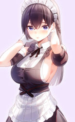 Rule 34 | 1girl, apron, arms behind head, black hair, black ribbon, black sleeves, blue eyes, blush, braid, breasts, commentary request, detached sleeves, dress, frown, gloves, hair between eyes, highres, kfr, large breasts, long hair, maid, maid headdress, mole, mole under eye, original, pink background, red ribbon, ribbon, short sleeves, sideboob, simple background, solo, waist apron, white gloves
