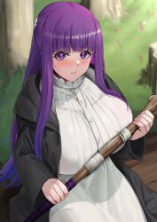 Rule 34 | 1girl, absurdres, black coat, blush, breasts, coat, dress, fern (sousou no frieren), highres, kuutamo, large breasts, long hair, long sleeves, looking at viewer, open clothes, open coat, purple eyes, purple hair, sidelocks, solo, sousou no frieren, staff, white dress