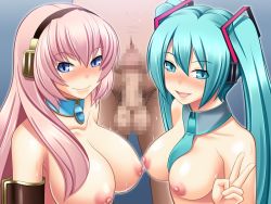Rule 34 | 2girls, blue eyes, blush, breasts, censored, detached collar, erection, green hair, hatsune miku, headphones, huge breasts, large breasts, long hair, looking at viewer, megurine luka, miyamaya, mosaic censoring, multiple girls, nipples, nude, parted lips, penis, pink hair, smile, sweat, twintails, upper body, v, vocaloid