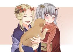 Rule 34 | 2girls, :d, :t, ^ ^, abigail williams (fate), absurdres, alternate hairstyle, animal, beige background, black bow, blonde hair, blue kimono, blush, bow, brown bow, brown eyes, brown kimono, brown scarf, closed eyes, closed mouth, commentary request, dog, fate/grand order, fate (series), flying sweatdrops, forehead, grey hair, hair between eyes, hair bow, hair ornament, hair up, highres, holding, holding animal, horns, japanese clothes, kimono, lavinia whateley (fate), long hair, long sleeves, multiple girls, obi, open mouth, ozu (agito100001), parted bangs, ponytail, sash, scarf, sidelocks, single horn, smile, two-tone background, wavy mouth, white background, wide-eyed, wide sleeves
