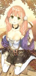 Rule 34 | 10s, 1girl, adjusting clothes, atelier (series), atelier escha &amp; logy, bare shoulders, braid, breasts, bustier, choker, cleavage, detached sleeves, dress, escha malier, female focus, green eyes, hidari (left side), long hair, miniskirt, official art, parted lips, petticoat, pink hair, sitting, skirt, small breasts, solo, strapless, strapless dress, thighhighs, twintails, wariza, white thighhighs, zettai ryouiki