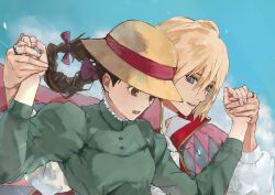 Rule 34 | blonde hair, blue eyes, blue sky, braid, breasts, brown eyes, brown hair, brown ribbon, cloud, cloudy sky, collared shirt, dress, green dress, hair between eyes, hair ribbon, hat, highres, holding hands, howl (howl no ugoku shiro), howl no ugoku shiro, jacket, jacket on shoulders, jewelry, juliet sleeves, kdm (ke dama), long sleeves, looking at another, medium breasts, medium hair, multicolored clothes, multicolored jacket, open mouth, outdoors, parted lips, pendant, puffy long sleeves, puffy sleeves, ribbon, ring, shirt, single braid, sky, smile, sophie (howl no ugoku shiro), straw hat, upper body, white shirt