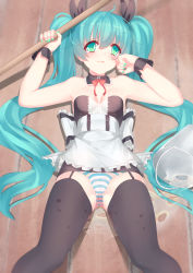 Rule 34 | 1girl, breasts, detached collar, garter straps, green eyes, hatsune miku, highres, long hair, lying, nail polish, on back, panties, pussy, qiongsheng, see-through, small breasts, solo, striped clothes, striped panties, tearing up, thighhighs, twintails, underwear, very long hair, vocaloid, wrist cuffs