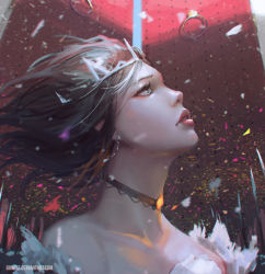 Rule 34 | 1girl, artist name, blue eyes, brown hair, building, commentary, confetti, deviantart username, floating hair, gate, guweiz, looking up, original, outdoors, parade, parted lips, pink lips, polearm, solo focus, spear, tiara, watermark, weapon, web address, wind