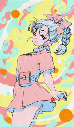 Rule 34 | 1girl, abstract background, aqua background, arms at sides, ass, blue eyes, blue hair, braid, braided ponytail, breasts, bulma, character name, closed mouth, clothes writing, cloud background, colorful, cowboy shot, dragon ball, dragon ball (classic), dress, eyelashes, fanny pack, hair ribbon, hair strand, happy, highres, kanchiyo, legs together, light blue hair, lips, looking at viewer, medium breasts, multicolored background, panties, pastel colors, pink background, pink dress, pink ribbon, polka dot, polka dot background, ribbon, scarf, short dress, short sleeves, sideboob, smile, solo, striped clothes, striped dress, thighs, underwear, vertical-striped clothes, vertical-striped dress, wedgie, white background, yellow background
