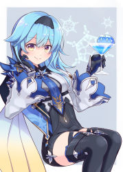 Rule 34 | 1girl, black gloves, black shorts, black thighhighs, blue gloves, blue hair, blue neckwear, breasts, closed mouth, cocktail glass, commentary request, cup, drinking glass, eula (genshin impact), feet out of frame, genshin impact, gloves, grey background, hair between eyes, hands up, harada (sansei rain), highres, holding, long hair, long sleeves, medium breasts, necktie, shirt, short shorts, shorts, sitting, slime (genshin impact), smile, snowflake background, thighhighs, two-tone background, white background, white shirt, wide sleeves, yellow eyes