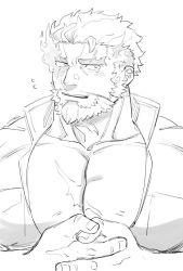 Rule 34 | 1boy, bara, beard, blush, embarrassed, eyebrow cut, facial hair, flaming eye, flustered, greyscale, harada (basashi), hephaestus (housamo), index fingers together, interlocked fingers, large pectorals, looking at viewer, pectoral cleavage, male focus, mature male, monochrome, muscular, muscular male, own hands together, pectorals, portrait, scar, scar on chest, short hair, shy, solo, thick eyebrows, tokyo houkago summoners, undercut