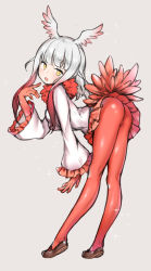 Rule 34 | 10s, 1girl, :o, ass, bent over, bird tail, blunt bangs, blush, breasts, coat, finger to mouth, frilled sleeves, frills, full body, fur collar, gloves, gradient hair, grey background, head wings, highres, japanese crested ibis (kemono friends), kemono friends, legs, legs apart, long sleeves, looking at viewer, mary janes, medium hair, miniskirt, multicolored hair, open mouth, pantyhose, pleated skirt, red gloves, red hair, red pantyhose, red skirt, shoes, sidelocks, simple background, skirt, small breasts, solo, sparkle, standing, sunege (hp0715), tail, tsurime, two-tone hair, white hair, wide sleeves, wings, yellow eyes