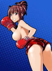 Rule 34 | 1girl, alto-00, ass, boxing gloves, breasts, brown hair, gloves, highres, original, pink eyes, short hair, shorts, solo, topless, triforce