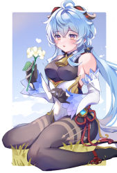 Rule 34 | 1girl, absurdres, ahoge, bare shoulders, bell, black gloves, black legwear, blue hair, blush, bow, breasts, chinese knot, covered erect nipples, detached sleeves, flower, flower knot, ganyu (genshin impact), genshin impact, gloves, gold trim, heart, highres, holding, holding flower, horns, long hair, looking at viewer, low ponytail, medium breasts, multicolored eyes, neck bell, parted lips, pelvic curtain, qingxin flower, red rope, rope, sidelocks, sitting, solo, tamao tamaki, tassel, thighlet, vision (genshin impact), wariza, white flower, white sleeves