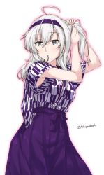 Rule 34 | 1girl, ahoge, alternate costume, commentary request, grey eyes, hairband, hakama, hakama skirt, japanese clothes, kantai collection, long hair, mikage takashi, mouth hold, side ponytail, silver hair, skirt, solo, suzutsuki (kancolle), twitter username, tying hair