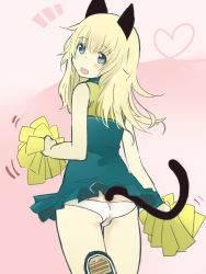 Rule 34 | 1girl, animal ears, blonde hair, blue eyes, blush, cat ears, cat tail, cheerleader, gradient background, heart, heart of string, helma lennartz, highres, izuoku, long hair, lowleg, lowleg panties, open mouth, panties, pink background, pom pom (cheerleading), shaking, shoes, solo, strike witches, strike witches: suomus misfits squadron, tail, underwear, world witches series