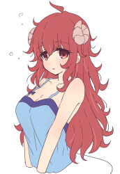 Rule 34 | 1girl, ahoge, blue dress, breasts, cleavage, commentary request, curled horns, demon girl, demon horns, demon tail, dress, highres, horns, long hair, looking at viewer, machikado mazoku, medium breasts, mel (melty pot), red eyes, red hair, simple background, sleeveless, sleeveless dress, solo, tail, white background, yoshida yuuko (machikado mazoku)
