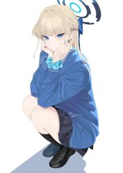 Rule 34 | 1girl, absurdres, aqua nails, black footwear, blonde hair, blue archive, blue scrunchie, blue shirt, closed mouth, full body, halo, highres, long hair, long sleeves, looking at viewer, nail polish, scrunchie, shirt, simple background, solo, squatting, tnr (horiko1525), toki (blue archive), white background, wrist scrunchie