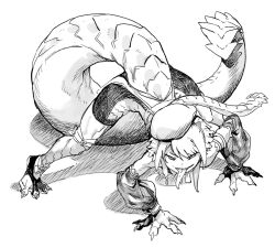 Rule 34 | 1girl, all fours, animal feet, animal hands, beret, borrowed character, claws, dragon girl, dragon horns, dragon tail, forked tongue, full body, greyscale, half-closed eyes, hat, hip vent, horns, indie virtual youtuber, long tail, long tongue, looking at viewer, megame (okbnkn), monochrome, monster girl, scales, shadow, sharp teeth, short hair with long locks, shorts, simple background, slit pupils, small horns, smile, solo, tail, teeth, tongue, tongue out, virtual youtuber, white background