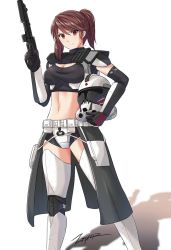 Rule 34 | 1girl, arm armor, armor, belt, belt pouch, breasts, brown eyes, brown hair, cleavage, clone trooper, cropped shirt, elbow gloves, gloves, gun, helmet, highres, leg armor, looking at viewer, matching hair/eyes, navel, ponytail, pouch, shadow, short shorts, shorts, shoulder armor, solo, star wars, thighhighs, weapon, zxpfer