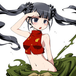 Rule 34 | 1girl, :o, arm behind back, arm up, atlus, bare shoulders, black hair, blue eyes, blunt bangs, blush, braid, breasts, clenched hand, covered erect nipples, crop top, etrian odyssey, floating hair, floral print, groin, half updo, halterneck, highres, long hair, looking afar, lowleg, md5 mismatch, midriff, monk (sekaiju), navel, no panties, open mouth, resolution mismatch, sash, sekaiju no meikyuu, sekaiju no meikyuu 3, sidelocks, simple background, small breasts, solo, source smaller, sweat, torn clothes, turtleneck, twin braids, twintails, upper body, very long hair, white background, zaxwu