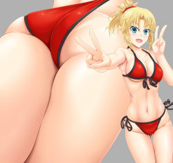 Rule 34 | 1girl, ass, bikini, bikini pull, blush, breasts, clothes pull, double v, fate/grand order, fate (series), front-tie bikini top, front-tie top, hair ornament, hair scrunchie, highres, long hair, looking at viewer, medium breasts, misumi takasumi, mordred (fate), mordred (fate) (all), mordred (fate/apocrypha), mordred (swimsuit rider) (fate), mordred (swimsuit rider) (first ascension) (fate), multiple views, navel, open mouth, red bikini, red scrunchie, scrunchie, shiny skin, side-tie bikini bottom, smile, standing, string bikini, surfing, swimsuit, v
