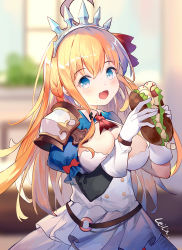 Rule 34 | 1girl, :d, ahoge, armor, ascot, blue eyes, blurry, blurry background, blush, bow, braid, breasts, cleavage, commentary request, cowboy shot, depth of field, dress, elbow gloves, fang, food, gloves, hair ribbon, holding, holding food, large breasts, layered dress, leilin, long hair, looking at viewer, maggot, open mouth, pecorine (princess connect!), princess connect!, puffy short sleeves, puffy sleeves, red ascot, red bow, red ribbon, ribbon, sandwich, short sleeves, shoulder armor, shrug (clothing), side braid, signature, skin fang, smile, solo, strapless, strapless dress, tiara, underbust, white dress, white gloves