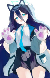 Rule 34 | 1girl, absurdly long hair, absurdres, animal ears, animal hands, aris (blue archive), black hair, black skirt, blue archive, blue eyes, blue necktie, blush, cat ears, cat paws, collared shirt, cowboy shot, gloves, green halo, halo, highres, long hair, long sleeves, looking at viewer, necktie, open mouth, paw gloves, pleated skirt, pop88715091pop, shirt, simple background, skirt, smile, solo, very long hair, white background, white gloves, white shirt