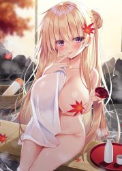 Rule 34 | 1girl, :p, autumn, autumn leaves, blonde hair, blush, bottle, breasts, choko (cup), collarbone, covering privates, cup, groin, hair between eyes, highres, holding, holding cup, large breasts, long hair, looking at viewer, naked towel, nude cover, one side up, onsen, original, purple eyes, sake bottle, shiny skin, sidelocks, sitting, smile, solo, thighs, tokkuri, tongue, tongue out, towel, very long hair, wet, yatanukikey
