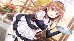 Rule 34 | :d, black gloves, bouquet, breasts, brown hair, chikotam, collar, flower, game cg, glasses, gloves, hair ornament, hair tie, holding, holding tray, indoors, kanojo to ore no lovely day, leaning forward, long hair, maid, maid headdress, mashiro yuka, open mouth, small breasts, smile, thighhighs, tray, white legwear, yellow eyes