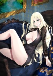 Rule 34 | 1girl, absurdres, alternate costume, black dress, blush, breasts, couch, cup, dress, drinking glass, eyelashes, green eyes, hair between eyes, highres, indoors, kantai collection, lace trim, large breasts, long hair, long sleeves, lying, mole, mole under eye, mole under mouth, on back, painting (object), richelieu (kancolle), rinrin kai, signature, solo, wine glass