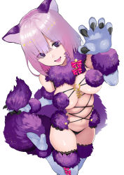 Rule 34 | 1girl, absurdres, aka shiro kiiro, animal ears, bad id, bad pixiv id, breasts, claw pose, elbow gloves, fate/grand order, fate (series), fur-trimmed gloves, fur-trimmed legwear, fur collar, fur trim, gloves, hair over one eye, halloween costume, highres, huge filesize, lace, lace-trimmed legwear, lace trim, large breasts, mash kyrielight, mash kyrielight (dangerous beast), navel, o-ring, o-ring top, official alternate costume, purple eyes, purple gloves, purple hair, purple thighhighs, revealing clothes, short hair, solo, standing, standing on one leg, tail, thighhighs, wolf ears, wolf girl, wolf tail