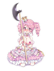 Rule 34 | 1girl, axe, bare shoulders, blush, breasts, cleavage, crown, dress, drill hair, frilled dress, frills, heart pasties, jashin-chan dropkick, kneeling, large breasts, navel, open mouth, pasties, pink eyes, pink hair, pino (jashin-chan dropkick), short hair, simple background, solo, twin drills, weapon, white background