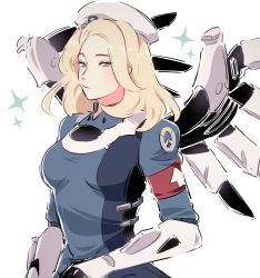 Rule 34 | 1girl, alternate hairstyle, armband, blonde hair, blush, combat medic ziegler, hat, highres, hyoon (sockgyu), mechanical wings, mercy (overwatch), official alternate costume, overwatch, overwatch 1, solo, white background, wings