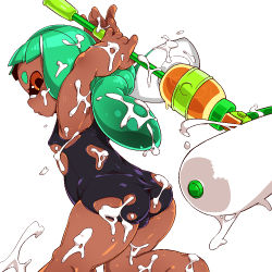 Rule 34 | 1girl, aqua hair, arms behind head, arms up, ass, dark-skinned female, dark skin, inkling, inkling girl, inkling player character, long hair, monster girl, nintendo, omiya (louise-louis-lucille), one-piece swimsuit, orange eyes, paint, paint roller, school swimsuit, simple background, solo, splat roller (splatoon), splatoon (series), splatoon 1, suggestive fluid, swimsuit, tentacle hair, torn clothes, torn swimsuit, white background