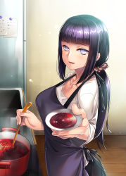 Rule 34 | 1girl, apron, blush, breasts, cleavage, collarbone, cooking, female focus, food, foreshortening, giving, highres, hyuuga hinata, kitchen, ladle, large breasts, long hair, looking at viewer, low ponytail, naruto: the last, naruto (series), ponytail, pot, pov, purple eyes, purple hair, refrigerator, religious offering, rororororo, scrunchie, sink, smile, solo, soup, white eyes