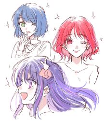Rule 34 | 3girls, arima kana, bare shoulders, blue eyes, blue hair, blush, bow, bowtie, collarbone, collared shirt, commentary, enefue, english commentary, hair between eyes, hair ornament, hair ribbon, hand up, highres, hoshino ai (oshi no ko), kurokawa akane, long hair, long sleeves, looking at viewer, looking to the side, multicolored eyes, multicolored hair, multiple girls, one eye closed, open mouth, oshi no ko, pink eyes, pink hair, pink ribbon, purple eyes, purple hair, rabbit hair ornament, red eyes, red hair, ribbon, shirt, short hair, sidelocks, simple background, smile, sparkle, star-shaped pupils, star (symbol), symbol-shaped pupils, teeth, tongue, tongue out, two-tone hair, upper body, vest, white background