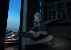 Rule 34 | absurdres, barefoot, bed, blue hair, building, desk, feet, grey headwear, highres, hololive, hoshimachi suisei, hoshimachi suisei (1st costume), jacket, long hair, looking up, on ground, pillow, plaid, plaid headwear, plaid jacket, shirt, sitting, sky, skyscraper, solo, star (symbol), star in eye, symbol in eye, tacshojosora, virtual youtuber, window