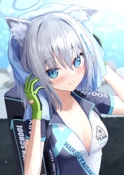 Rule 34 | 1girl, absurdres, animal ear fluff, animal ears, bag, bike jersey, blue archive, blue eyes, blue sky, blurry, blush, breasts, cleavage, collarbone, commentary request, cpk prd, cross hair ornament, depth of field, english text, gloves, green gloves, grey hair, hair between eyes, hair ornament, halo, highres, holding, holding towel, looking at viewer, medium breasts, medium hair, mismatched pupils, official alternate costume, outdoors, school bag, shiroko (blue archive), shiroko (cycling) (blue archive), short sleeves, sidelocks, sky, smile, solo, sweat, towel, towel on head, two-tone gloves, wiping sweat, wolf ears, wolf girl